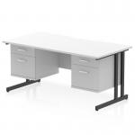 This dynamic pedestal desk features a white top with a scalloped edge and black cantilever legs for a modern look. It measures 1600 x 800mm and includes 2 x 2 drawer fixed pedestals for plenty of storage space. The sleek design makes it a great addition to any office space.