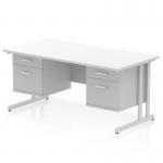 This photo features a sleek Dynamic Pedestal Desk with a scalloped edge and a straight white top. Its silver cantilever leg provides stability and style, while 2 drawers and a fixed pedestal offer storage space. Perfect for any modern office workstation.