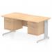 The Dynamic Pedestal Desk Impulse features a maple top with a scalloped edge design. The silver cable managed leg adds a modern touch, while the 2 x 2 drawer fixed pedestal provides ample storage space. This 1600 x 800mm workstation is perfect for any straight office setup.