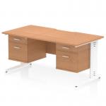 This picture features a dynamic pedestal desk, measuring 1600 x 800mm, with a scalloped edge and an oak top. The desk has white cable managed legs and includes 2 fixed pedestals with 2 drawers each.