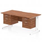 This photo captures a stunning Dynamic Pedestal Desk with a sleek 1600 x 800mm Walnut top and Scalloped Edge design. The straight Office Desk features a White Cable Managed Leg Workstation and includes 2 x 2 Drawer Fixed Pedestals for ultimate storage.