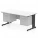 This picture shows a sleek and modern Dynamic Pedestal Desk Impulse with a white top and a black cable managed leg. The desk measures 1600 x 800mm and has a scalloped edge. It comes with 2 drawers and 2 fixed pedestals for storage. The overall look is clean and professional, making it a great addition to any office space.