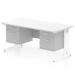 The dynamic pedestal desk features a scalloped edge white top and cable managed leg workstation, along with two fixed pedestals and 2 drawers. It measures 1600 x 800mm and provides a sleek and professional look in any office space.
