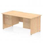 A sleek, modern office desk with a scalloped edge and a maple top. It features a panel end leg workstation and is equipped with two fixed pedestals - each with two drawers for storage. This dynamic desk has a generous size of 1600 x 800mm and is perfect for a functional and stylish workspace.