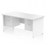 This photograph showcases a Dynamic Pedestal Desk Impulse with a scalloped edge, measuring 1600 x 800mm. The desk features a white top panel and comes with 2 x 2 drawer fixed pedestals for added storage. The straight design and sturdy leg create a seamless and practical workstation.