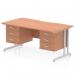 The Dynamic Pedestal Desk Impulse features a 1600 x 800mm beech top with a scalloped edge and a sturdy silver cantilever leg. It also includes 2 x 3 drawer fixed pedestals for storage. This straight office desk is perfect for any modern workspace.