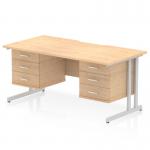 This picture showcases a sleek, modern Dynamic Pedestal Desk Impulse in Maple with a Scalloped Edge design. The Silver Cantilever Leg adds a touch of elegance, and the desk comes equipped with 2 x 3 Drawer fixed pedestals for ample storage space. Perfect for any professional office setting.