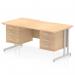 This picture showcases a sleek, modern Dynamic Pedestal Desk Impulse in Maple with a Scalloped Edge design. The Silver Cantilever Leg adds a touch of elegance, and the desk comes equipped with 2 x 3 Drawer fixed pedestals for ample storage space. Perfect for any professional office setting.