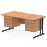 This photo features a sleek and stylish dynamic pedestal desk, measuring 1600 x 800mm. The scalloped edge and oak top add a touch of elegance, while the black cantilever leg offers sturdy support. This workstation also includes 2 x 3 drawer fixed pedestals for ample storage space.