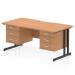 This photo features a sleek and stylish dynamic pedestal desk, measuring 1600 x 800mm. The scalloped edge and oak top add a touch of elegance, while the black cantilever leg offers sturdy support. This workstation also includes 2 x 3 drawer fixed pedestals for ample storage space.