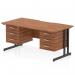This dynamic pedestal desk features a scalloped edge straight office desk in walnut top, supported by a black cantilever leg workstation. It also includes 2 x 3 drawer fixed pedestals for added storage. The overall size is 1600 x 800mm.