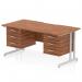 This sleek and modern dynamic pedestal desk features a scalloped edge and a walnut top, paired with silver cantilever legs for a sophisticated look. The spacious workstation has two 3-drawer fixed pedestals for ample storage. Perfect for any office setting.