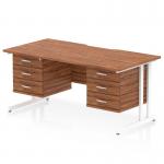 This photograph shows a dynamic pedestal desk with a scalloped edge and a walnut top. It features a white cantilever leg and a 2 x 3 drawer fixed pedestal. The desk measures 1600 x 800mm and is perfect for any office space.