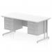 This image shows a Dynamic Pedestal Desk Impulse with dimensions of 1600 x 800mm. The desk has a scalloped edge and a white top, with silver cantilever legs. There are 2 fixed pedestals with 3 drawers each for storage. The desk is designed for use in a straight office setup.