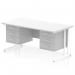 This photo shows a sleek and spacious Dynamic Pedestal Desk Impulse with a scalloped edge on the white top. The cantilever leg adds stability to this 1600 x 800mm workstation. It also features 2 fixed pedestals with 3 drawers each, providing ample storage space.