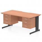 The dynamic pedestal desk Impulse 1600 x 800mm features a scalloped edge and a beech top. The black cable managed leg workstation includes 2 fixed pedestals with 3 drawers each. This versatile office desk adds a modern touch to any workspace.