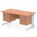 The Dynamic Pedestal Desk Impulse features a 1600 x 800mm beech top with a scalloped edge for a sleek look. Its straight design creates a spacious workspace, while the silver cable managed leg provides organization. The desk also includes 2 x 3 drawer fixed pedestals for extra storage.