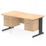 The photo shows a sleek and modern Dynamic Pedestal Desk Impulse, measuring 1600 x 800mm and featuring a scalloped edge. The maple top pairs beautifully with the black cable-managed leg, creating a practical and sophisticated workspace. The desk also comes with 2x3 drawer fixed pedestals for ample storage.