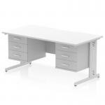This desk has a sleek white top with a scalloped edge, supported by silver cable-managed legs. It includes two stationary drawers and a fixed pedestal for storage. The spacious top measures 1600 x 800mm, perfect for a dynamic office setup.