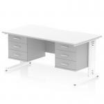 This office desk has a dynamic pedestal design and a scalloped edge, with a white tabletop and cable managed legs. It also includes 2 three-drawer fixed pedestals for storage.