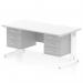 This office desk has a dynamic pedestal design and a scalloped edge, with a white tabletop and cable managed legs. It also includes 2 three-drawer fixed pedestals for storage.
