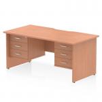 The Dynamic Pedestal Desk Impulse features a sleek 1600 x 800mm beech top panel with a scalloped edge and straight design. It has a sturdy panel end leg and includes 2 fixed pedestals with 3 drawers each for ample storage. Perfect for an organized and stylish office workstation.
