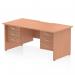 The Dynamic Pedestal Desk Impulse features a sleek 1600 x 800mm beech top panel with a scalloped edge and straight design. It has a sturdy panel end leg and includes 2 fixed pedestals with 3 drawers each for ample storage. Perfect for an organized and stylish office workstation.