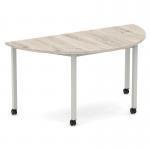 Impulse 1600mm Semi-Circle Table Grey Oak Top Silver Box Frame Leg with Castors I006657