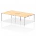 The picture shows a sleek and modern 4-person bench desk, with a silver frame and a maple top. The design is dynamic and versatile, perfect for any office setting.