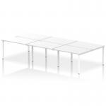 The bench desk features a sleek white frame and can accommodate up to six people. It is designed for use in office spaces. Each individual workstation is spacious and equipped with all the necessary amenities.