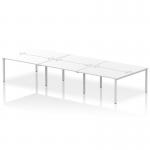 The image shows a modern and versatile office setup with a dynamic bench desk that can accommodate up to six people. The sleek silver frame contrasts with the crisp white surface, creating a clean and professional aesthetic. This desk is part of the Impulse Bench B2B collection, designed for collaborative work environments.
