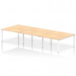 This photo captures a sleek and modern workplace setup featuring a dynamic bench desk with a white frame and a spacious 1400 maple top. Perfect for collaborative work, this 6-person office bench desk exudes a professional yet inviting vibe.