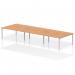 This picture features a stylish and modern office bench desk with a dynamic design. The bench is built for 6 people and has a sleek silver frame and an oak surface. Perfect for any office setting.