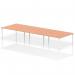 The image shows a modern office bench desk with a dynamic design. It features a white frame and a spacious work surface in a warm beech color. The bench can accommodate up to 6 people, making it perfect for collaborative work environments.