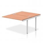 In the photo, you can see a sleek and modern bench desk with a silver frame and a warm beech tabletop. Its dynamic design and added extensions make it perfect for the office environment. The focal point of any B2B interaction, this desk is sure to impress.