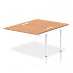 This picture shows a sleek and modern dynamic bench desking setup. The white frame and oak top create a stylish contrast, while the B2B ext kit provides extra space. Perfect for any office environment.