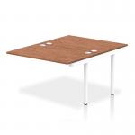 The photograph shows a sleek and modern Dynamic Bench Desking Impulse Bench B2B Ext Kit. It features a white frame, with a rich walnut desk surface. The overall design is perfect for any office space seeking a stylish and functional workspace.