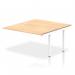 This photo shows a sleek and modern office bench desk with a white frame and maple top. The dynamic bench desking system featured is the Impulse Bench B2B with an extension kit measuring 1400mm. Perfect for a collaborative and stylish workspace.