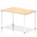 This picture shows a sleek and modern office space with a row of dynamic bench desks. The white frames of the desks contrast beautifully with the maple desktops. This setup promotes a collaborative and efficient work environment.