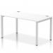 This sleek and modern bench desk features a silver frame and a clean white surface, perfect for any office space. Its single row design allows for optimal collaboration and productivity, making it a versatile choice for any workplace.