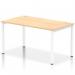 This photo features a sleek and modern office bench desk with a white frame and maple surface. Its dynamic design allows for maximum flexibility and productivity, making it an ideal choice for any modern workspace.