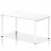 The image depicts a sleek and modern office space with a dynamic bench desking system. A single row of white-framed impulse benches stretches in a 1400 size, creating a spacious and efficient workspace. This white-themed office bench desk adds a professional and minimalist touch to any office setting.