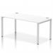This picture features a sleek 1600 silver frame office bench desk with a white surface. The dynamic bench desking impulse bench has a modern design and a single row layout, providing ample space for working.