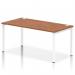 A sleek and modern office setup, this dynamic bench desking features a single row of 1600 desks with a white frame and a rich walnut finish. The minimalist design and clean lines add a professional touch to any workspace.