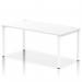 The photograph showcases a sleek, modern bench desk with a 1600 single row design. The white frame and white office bench desk exude a clean and dynamic vibe, making it a great addition to any workspace.