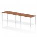 The Dynamic Bench Desking Impulse Bench Single Row 2 Person 1600 features a sleek white frame and a polished walnut desk surface. It offers a modern and functional design, perfect for any modern office space.