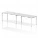 This photograph showcases a modern and sleek bench desk, with a white frame and white surface. It is designed as a single row for 2 people, making it perfect for collaborative work environments. The dynamic bench desking adds a touch of style and functionality to any office space.