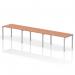 The image depicts a modern office desk with a silver frame and a beech-colored surface. It is a dynamic bench desking style, specifically the Impulse Bench Single Row, designed for three people. The desk is 1400mm long and has a sleek and professional appearance.