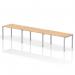 The photo shows a sleek and modern single row bench desk with a silver frame and maple top. The dynamic design allows for comfortable and efficient work for up to 3 people.