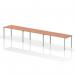 The dynamic bench desking impulse bench features a sleek silver frame and a modern beech desk, allowing for a spacious and collaborative workspace. With seating for 3 people in a single row, this office bench desk is perfect for team projects and group meetings.